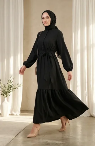 Robe Hijab En Crêpe De Viscose Boutonnée Et à Taille élastique Noire 0353-05 0353-05