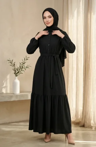 Robe Hijab En Crêpe De Viscose Boutonnée Et à Taille élastique Noire 0353-05 0353-05