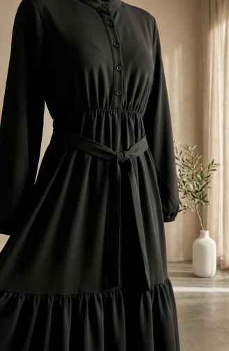 Robe Hijab En Crêpe De Viscose Boutonnée Et à Taille élastique Noire 0353-05 0353-05