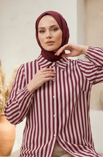 تونيك كتان مخطط بأزرار وياقة قميص 0332-05 لون برقوقي 0332-05