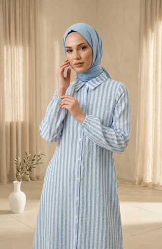 تونيك كتان مخطط بأزرار وياقة قميص 0332-08 أزرق فاتح 0332-08