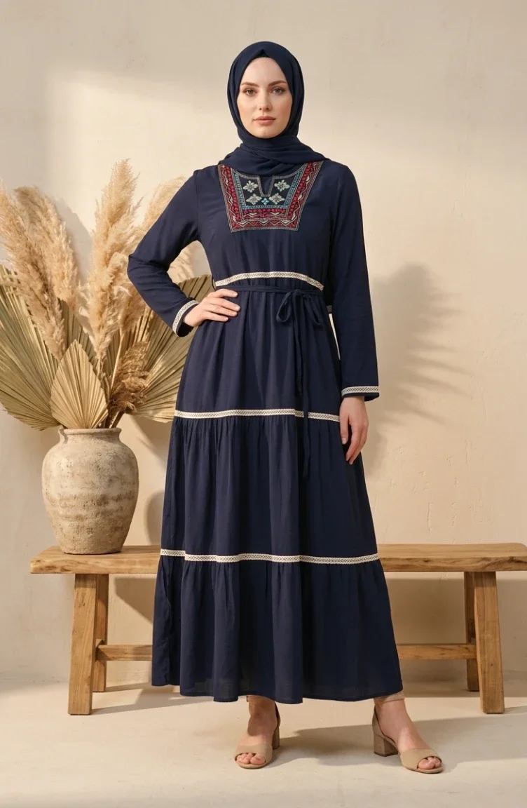 Şile Bezi Dantelli Elbise 6990-01 Lacivert