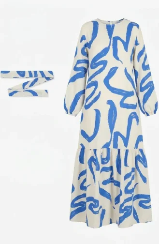 Robe Lin à Motifs Et Ceinture 0471A-02 Beige Saks 0471A-02