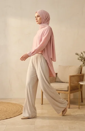 بنطال واسع الساقين من قماش أويشو مع حزام خصر مطاطي 5674-01 كريمي 5674-01