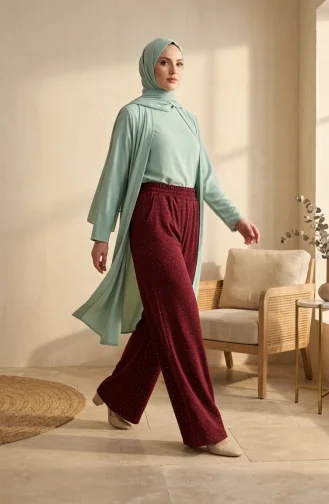 بنطلون واسع الساقين من قماش أويشو مع حزام خصر مطاطي 5674-03 لون عنابي 5674-03