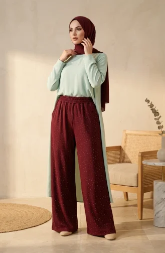 بنطلون واسع الساقين من قماش أويشو مع حزام خصر مطاطي 5674-03 لون عنابي 5674-03