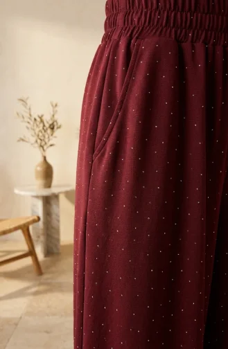 بنطلون واسع الساقين من قماش أويشو مع حزام خصر مطاطي 5674-03 لون عنابي 5674-03