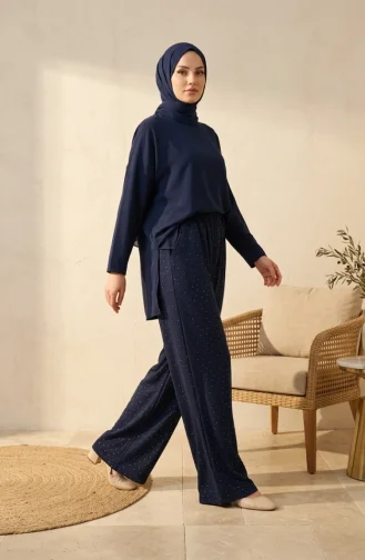 Oysho Kumaş Beli Lastikli Bol Paça Pantolon 5674-04 Lacivert