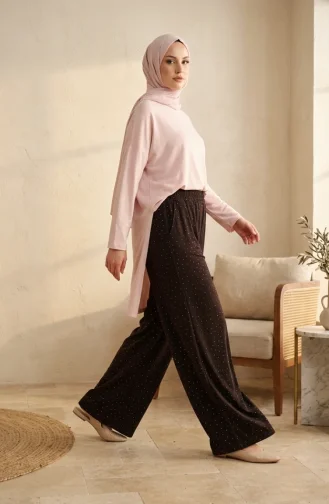 بنطلون واسع الساقين من قماش أويشو مع حزام خصر مطاطي 5674-05 بني 5674-05