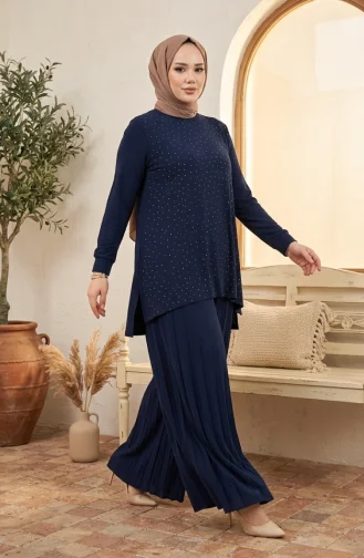 Sandy Fabric Blouse And Pants Two-Piece Hijab Set 5632-01 Navy Blue 5632-01