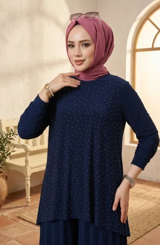 Sandy Fabric Blouse And Pants Two-Piece Hijab Set 5632-01 Navy Blue 5632-01