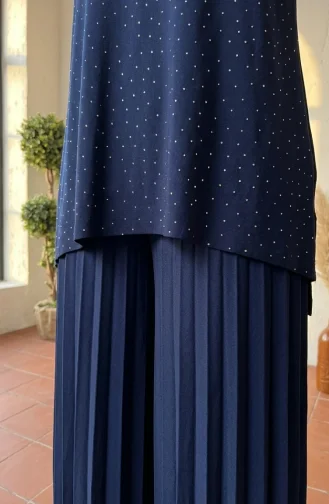 Sandy Fabric Blouse And Pants Two-Piece Hijab Set 5632-01 Navy Blue 5632-01