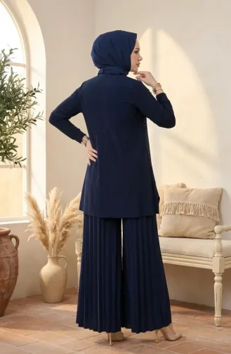 Sandy Fabric Blouse And Pants Two-Piece Hijab Set 5632-01 Navy Blue 5632-01