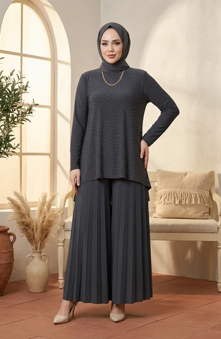 Sandy Fabric Blouse And Pants Two-Piece Hijab Set 5632-02 Smoke Grey 5632-02