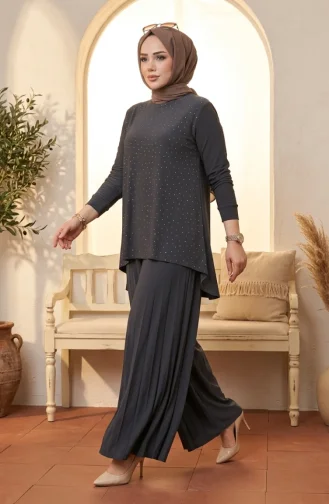 Sandy Fabric Blouse And Pants Two-Piece Hijab Set 5632-02 Smoke Grey 5632-02