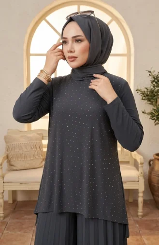 Sandy Fabric Blouse And Pants Two-Piece Hijab Set 5632-02 Smoke Grey 5632-02