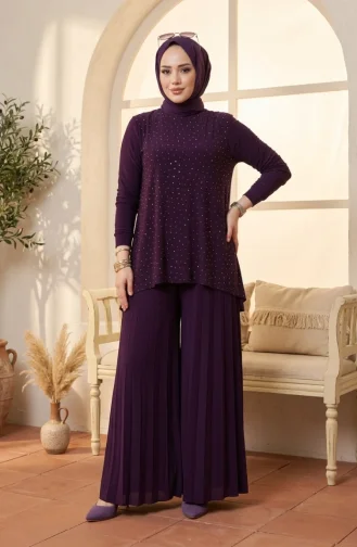 Sandy Fabric Blouse And Pants Two-Piece Hijab Set 5632-03 Plum 5632-03