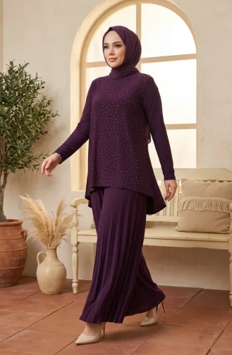 Sandy Fabric Blouse And Pants Two-Piece Hijab Set 5632-03 Plum 5632-03
