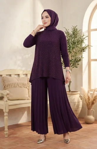 Sandy Fabric Blouse And Pants Two-Piece Hijab Set 5632-03 Plum 5632-03