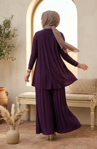 Sandy Fabric Blouse And Pants Two-Piece Hijab Set 5632-03 Plum 5632-03