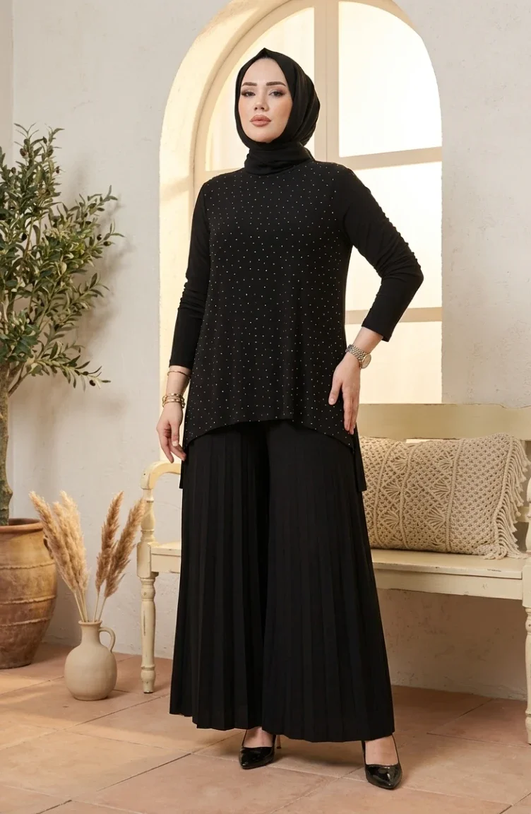 Ensemble Hijab Deux Pièces Sandy Fabric (chemisier Et Pantalon) 5632-04 Noir 5632-04