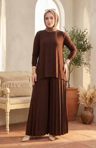 Ensemble Hijab Deux Pièces Sandy Fabric (chemisier Et Pantalon) 5632-05 Marron 5632-05