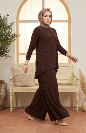 Ensemble Hijab Deux Pièces Sandy Fabric (chemisier Et Pantalon) 5632-05 Marron 5632-05