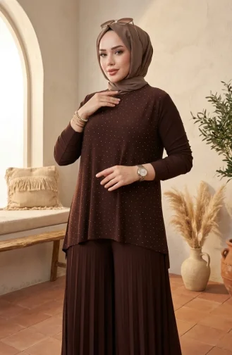 Ensemble Hijab Deux Pièces Sandy Fabric (chemisier Et Pantalon) 5632-05 Marron 5632-05