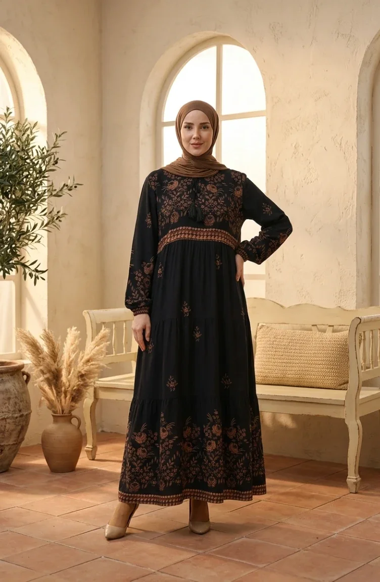 Großes Viskosekleid Mit Blumenmuster 4084-01 Marineblau 4084-01