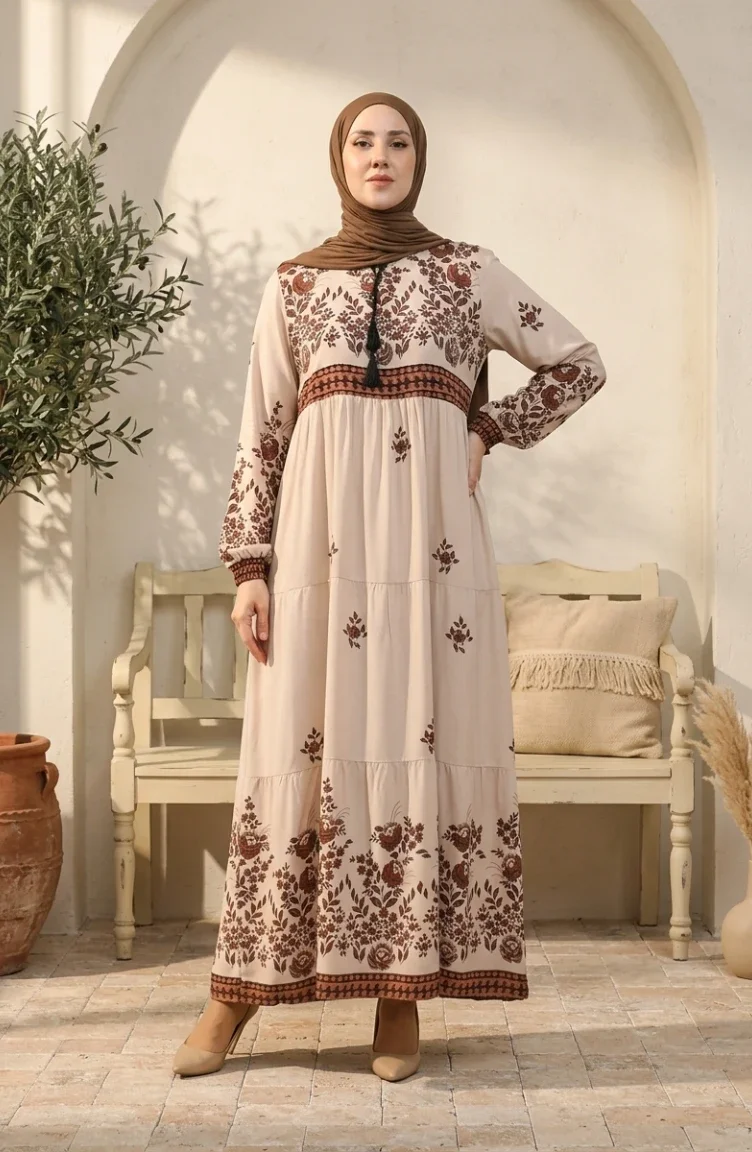 Robe Viscose à Motifs Fleuris Grande Taille 4084-02 Beige 4084-02