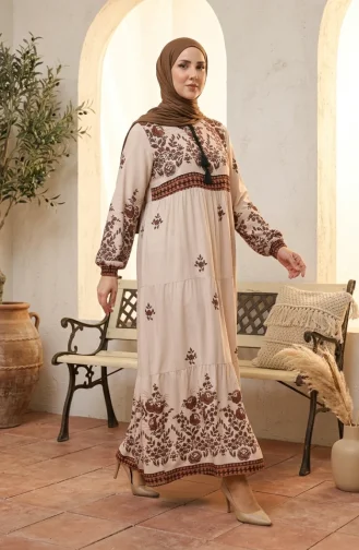 Robe Viscose à Motifs Fleuris Grande Taille 4084-02 Beige 4084-02