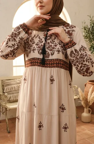 Robe Viscose à Motifs Fleuris Grande Taille 4084-02 Beige 4084-02