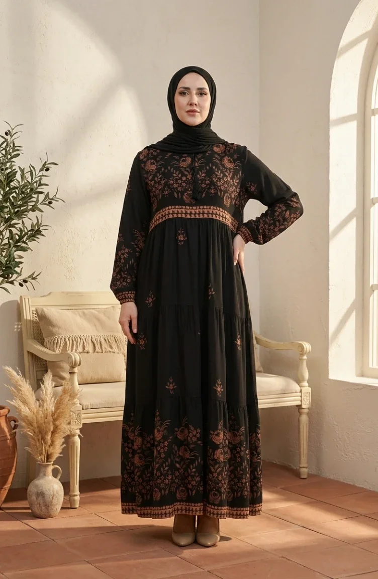 Large Size Floral Patterned Viscose Dress 4084-03 Black 4084-03