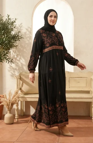 Large Size Floral Patterned Viscose Dress 4084-03 Black 4084-03