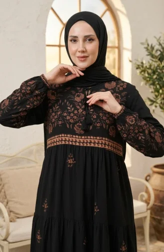 Large Size Floral Patterned Viscose Dress 4084-03 Black 4084-03