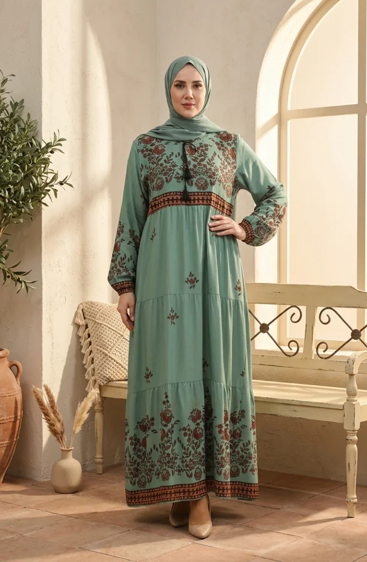 Großes Viskosekleid Mit Blumenmuster 4084-04 Çağla Green 4084-04