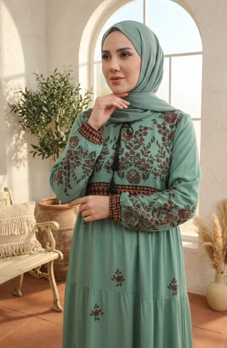 Großes Viskosekleid Mit Blumenmuster 4084-04 Çağla Green 4084-04