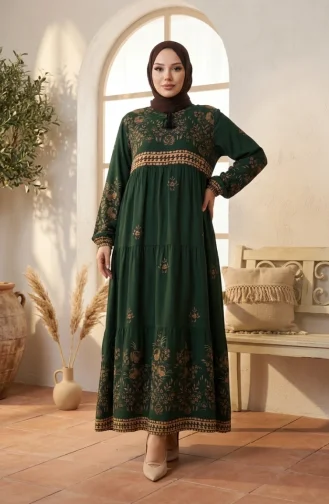 Plus Size Floral Patterned Viscose Dress 4084-06 Emerald Green 4084-06