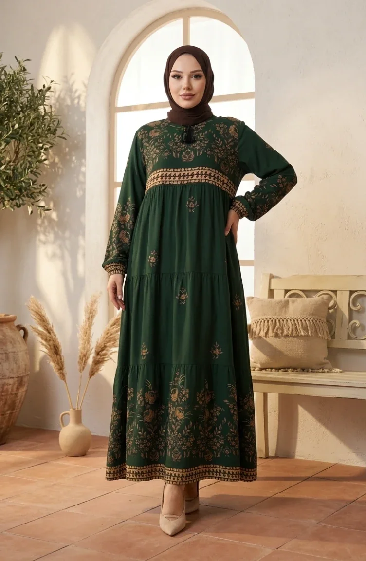 Plus Size Floral Patterned Viscose Dress 4084-06 Emerald Green 4084-06