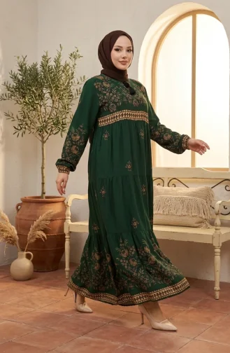 Plus Size Floral Patterned Viscose Dress 4084-06 Emerald Green 4084-06