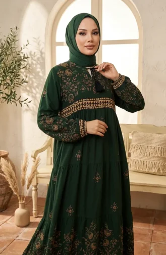 Plus Size Floral Patterned Viscose Dress 4084-06 Emerald Green 4084-06