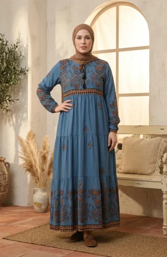 Plus Size Floral Patterned Viscose Dress 4084-07 Indigo 4084-07
