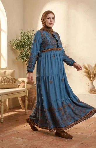 Plus Size Floral Patterned Viscose Dress 4084-07 Indigo 4084-07