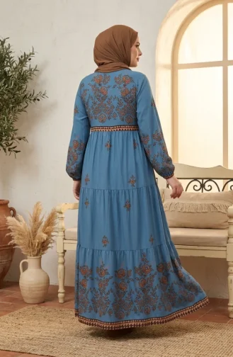 Plus Size Floral Patterned Viscose Dress 4084-07 Indigo 4084-07