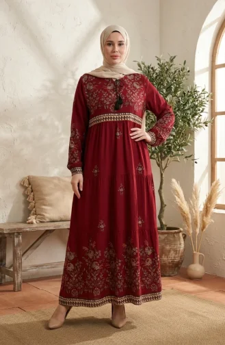 Plus Size Floral Patterned Viscose Dress 4084-09 Claret Red 4084-09