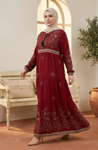 Plus Size Floral Patterned Viscose Dress 4084-09 Claret Red 4084-09