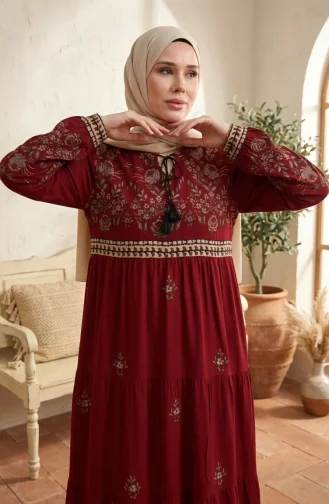 Plus Size Floral Patterned Viscose Dress 4084-09 Claret Red 4084-09