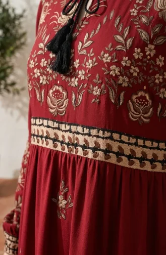 Plus Size Floral Patterned Viscose Dress 4084-09 Claret Red 4084-09