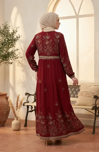 Plus Size Floral Patterned Viscose Dress 4084-09 Claret Red 4084-09
