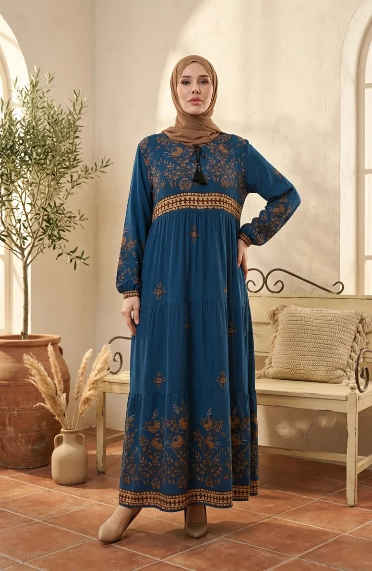 Plus Size Floral Patterned Viscose Dress 4084-10 Petrol 4084-10